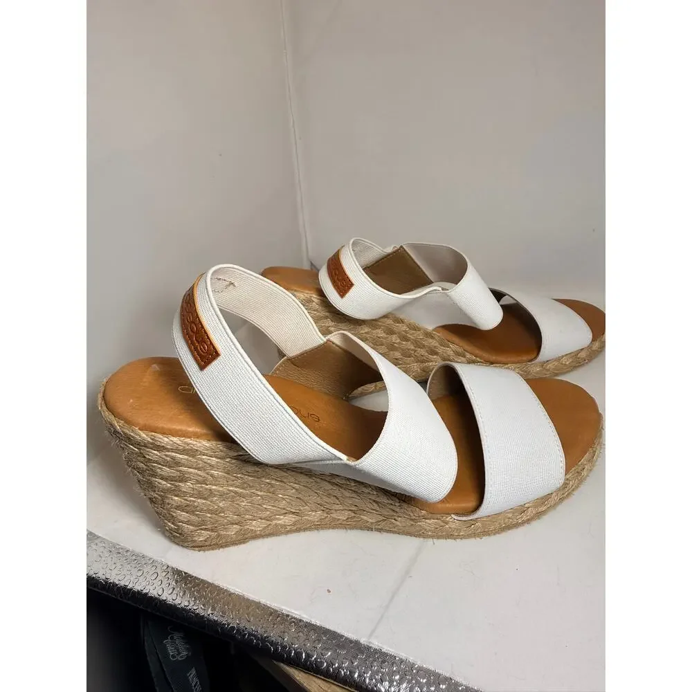 André Assous White Elastic Espadrille Wedge Sandals Made in Spain Size 37